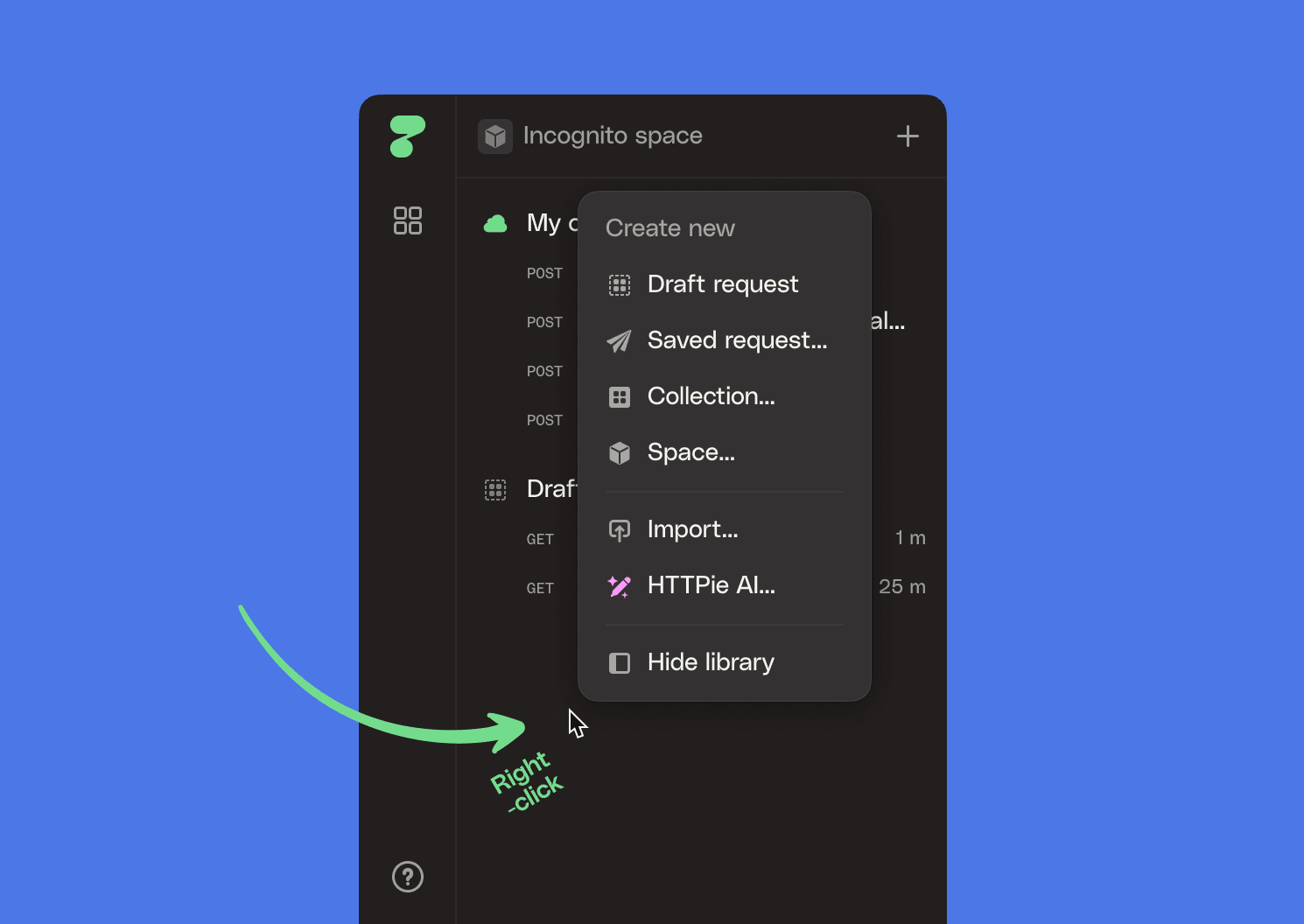 Right-click an empty area in the sidebar to open Library context menu
