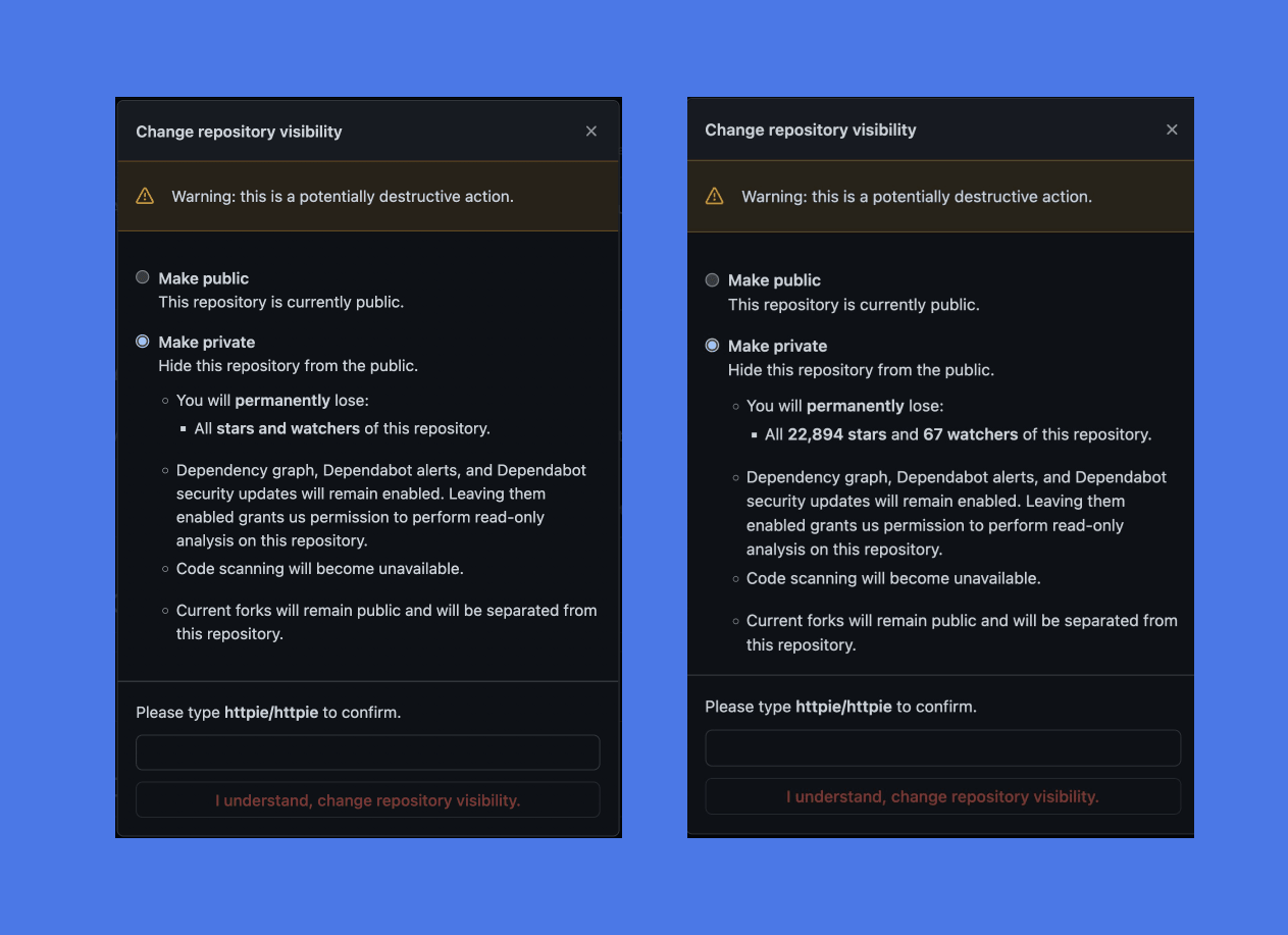 New GitHub repo visibility confirmation dialog